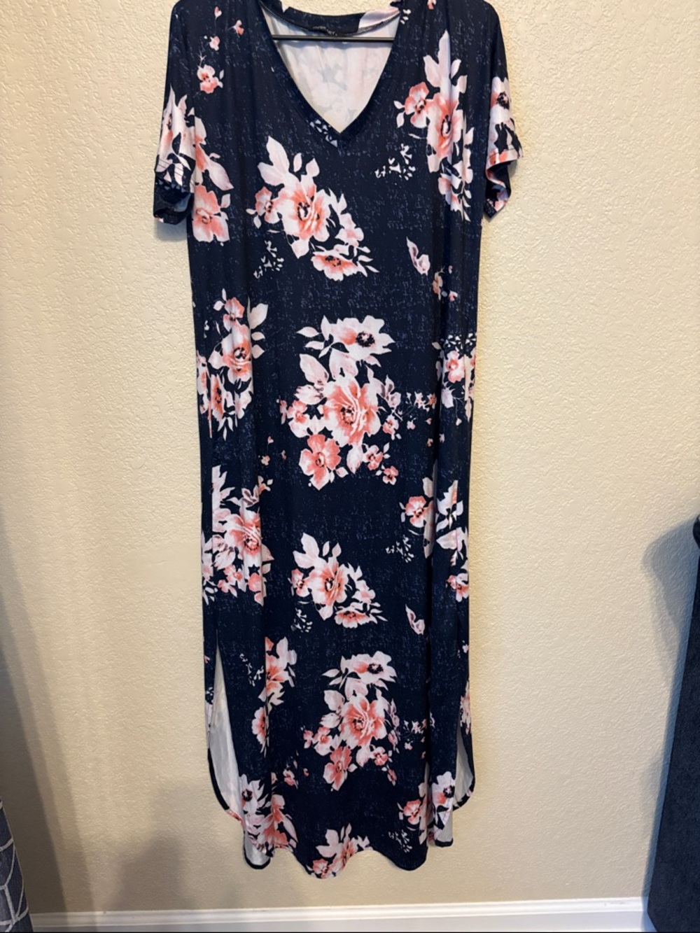 Navy Floral V-Neck Maxi Dress with Pink Blooms